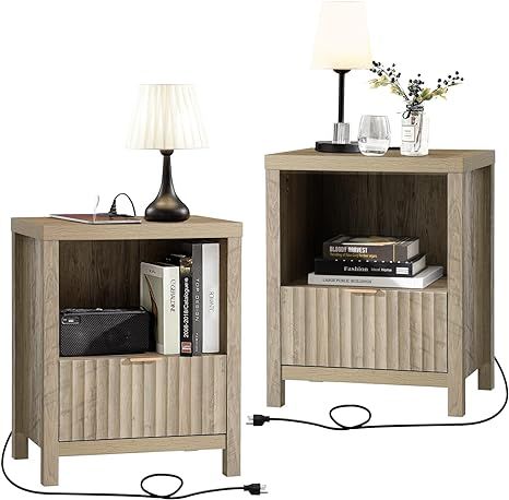 Oxford Nightstand with Charging Station, End Table with Drawer and Open Storage, Night Stand with... | Amazon (US)