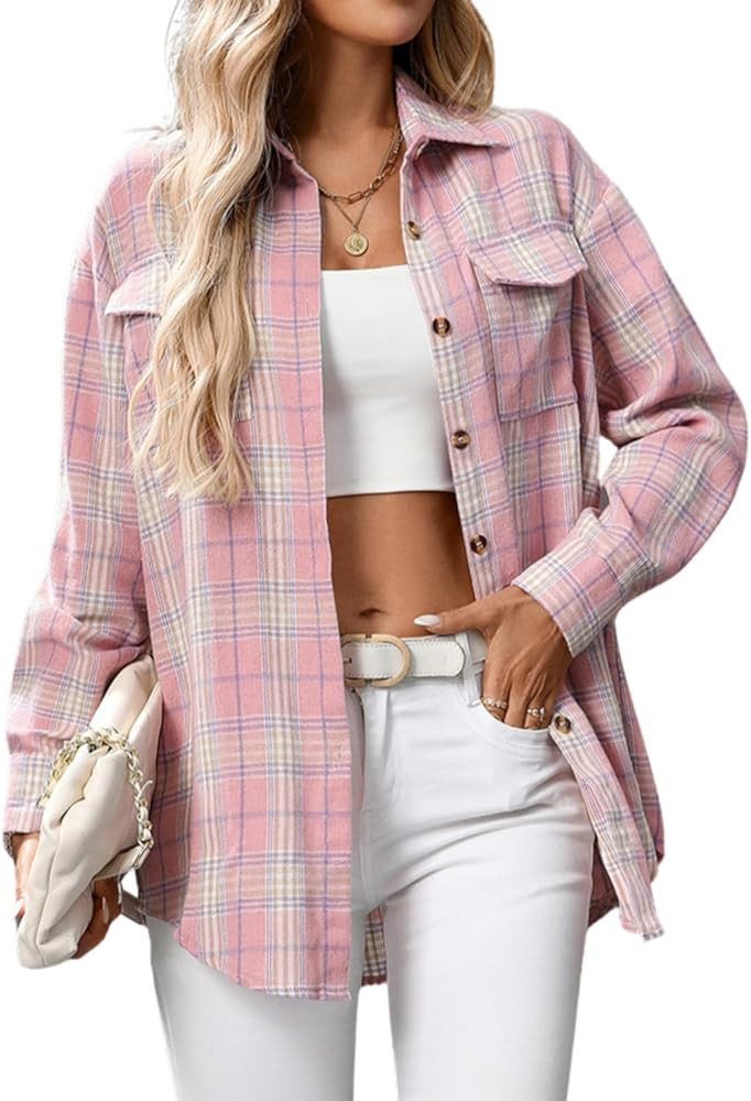 Women's Oversized Flannel Shirts Long Sleeve Button Down Plaid Shirt Business Casual Work Blouse ... | Amazon (US)