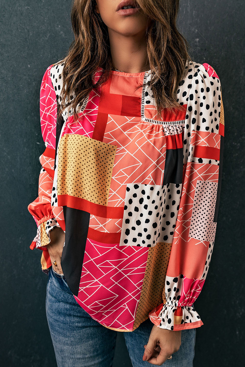 Polka Dot Geometric Patchwork Long Sleeve Blouse | Evaless