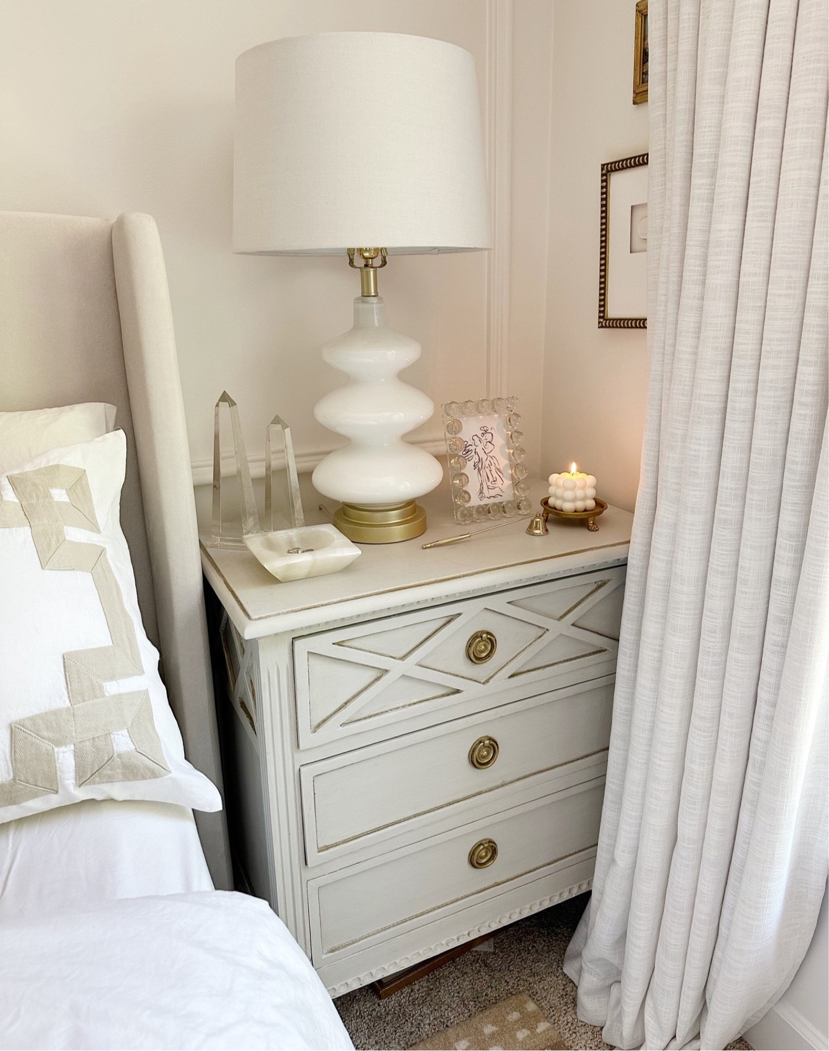 Curtains, nightstand, wingback bed, velvet bed, Ballard designs, Greek key bedding, table lamp, Alice lane home, obelisk, picture frame 

#LTKsalealert #LTKCyberWeek #LTKhome