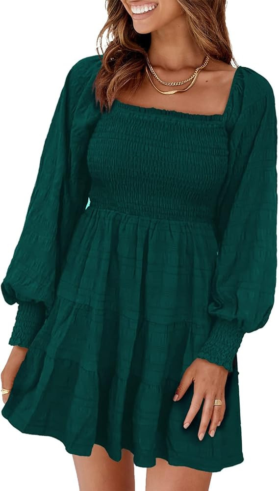 Asvivid Women's Dress Square Neck Long Elastic Sleeve Ruffle A-Line Casual Short Mini Dress | Amazon (US)