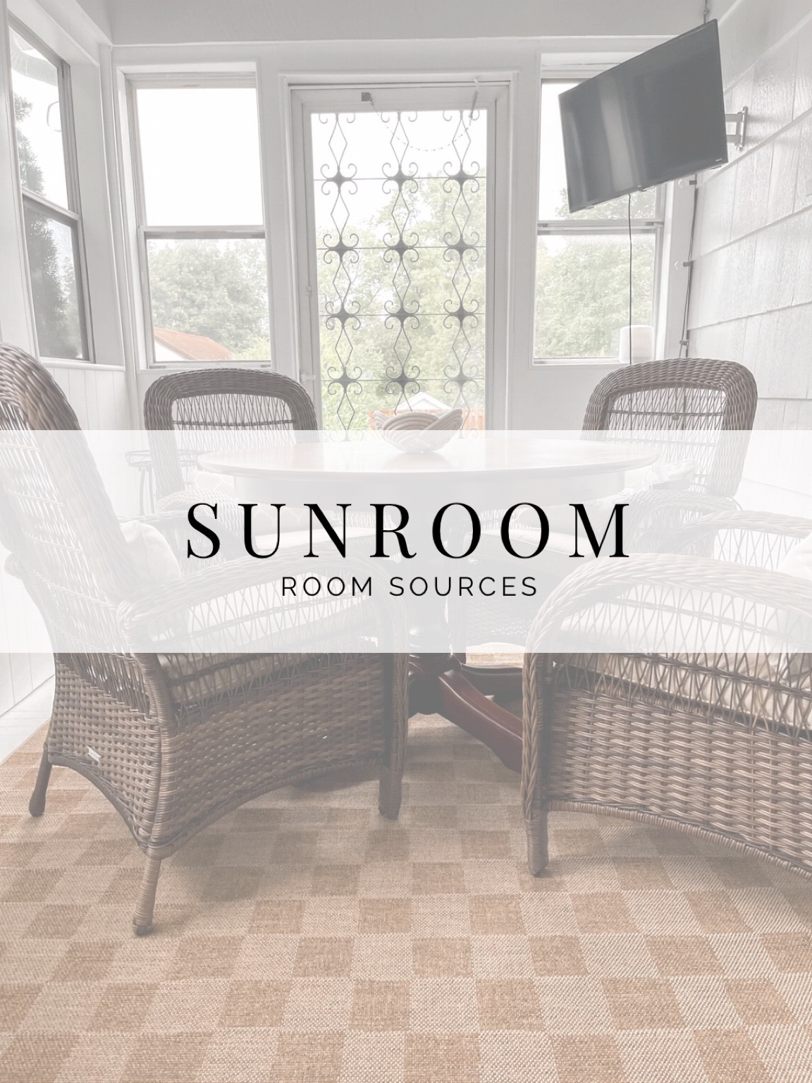 Sunroom room sources: rug, whicker chairs, tv, palm fan, tv mount