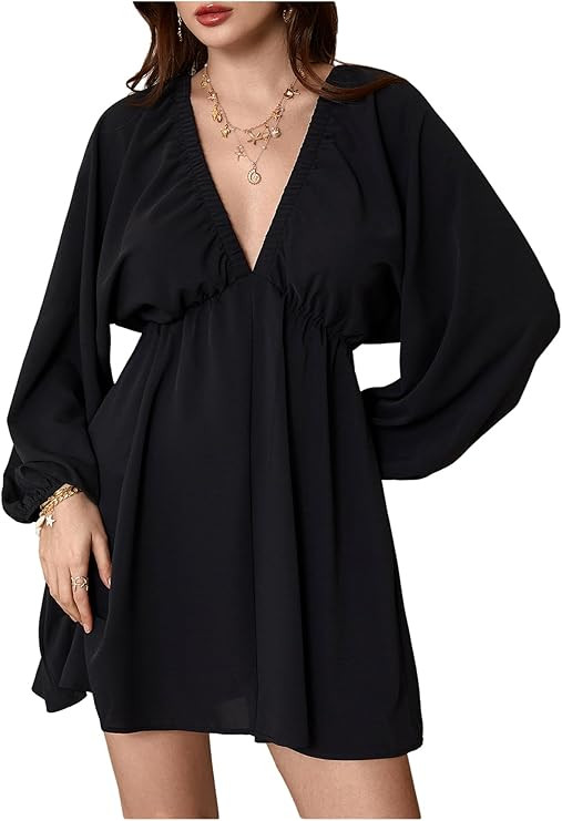 MakeMeChic Women's Sexy Deep V Neck Dress Long Sleeve Backless Babydoll Loose Flowy Smocked Mini ... | Amazon (US)