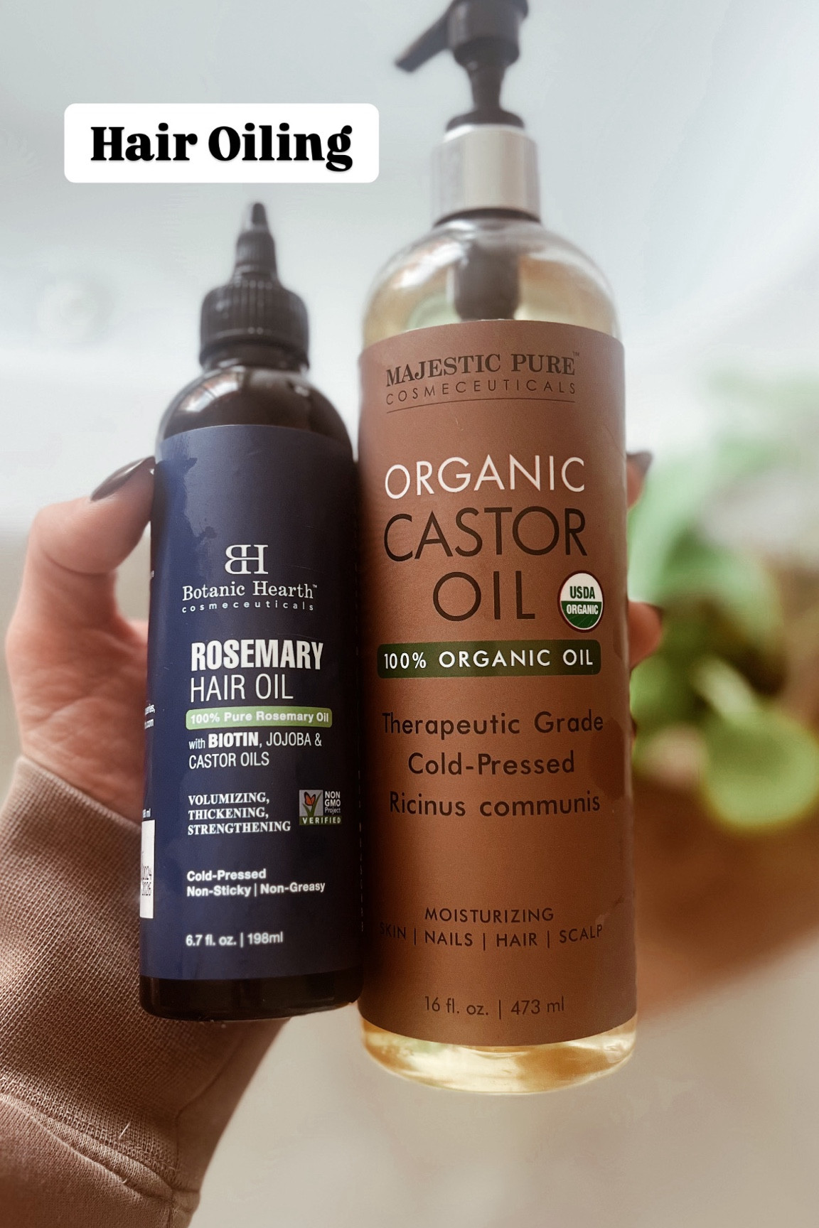 Rosemary on the scalp. Rosemary + Castor Oil on the rest of the hair. I do this once a week either at bedtime or before I wash my hair (I leave it in for a few hours). 

#LTKStyleTip #LTKBeauty #LTKFindsUnder50