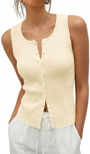 Saodimallsu Womens Sleeveless Sweater Vest Button Down Ribbed Knit Tank Top Scoop Neck Summer Tre... | Amazon (US)
