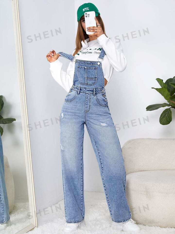 SHEIN EZwear Ripped Washed Denim Overalls | SHEIN