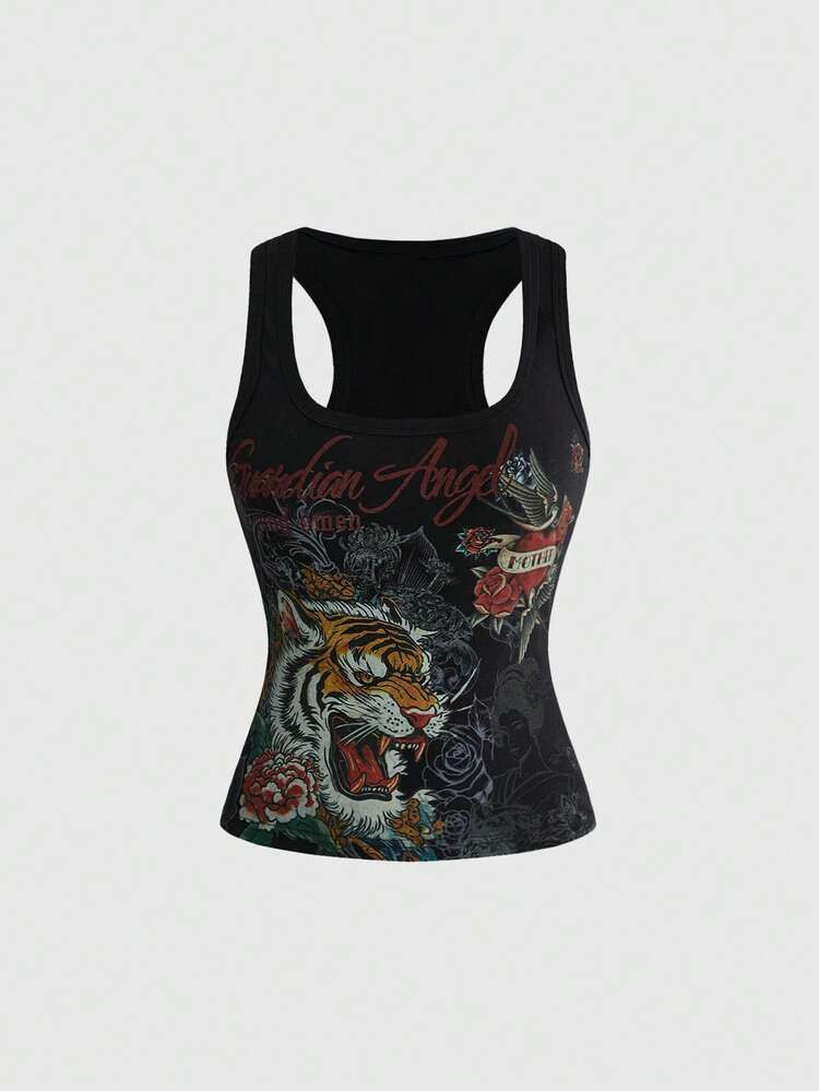 ROMWE Grunge Punk Y2K Hot Girl Retro Tiger Vine Tattoo Print Fitted Racerback Tank Top | SHEIN