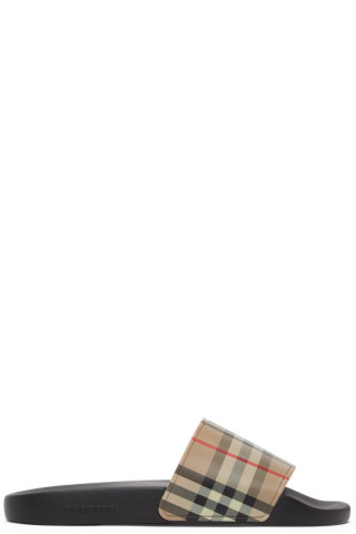 Burberry - Beige Check Slides | SSENSE