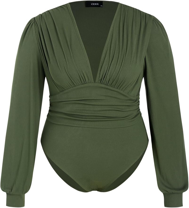 CIDER Women's Jersey V-neck Solid Ruched Bodysuit Plus Size | Amazon (US)