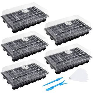 5-Pack 14 in. x 9.84 in. x 5.11 in. Outdoor Black Plastic Seed Starter Tray Kit with Humidity Vented Domes and Base | The Home Depot