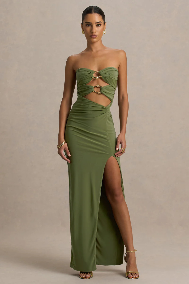 Laviza | Olive Strapless Cut-Out Wrap Maxi Dress | Club L London