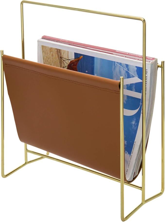 MyGift Modern Brass Plated Metal Wire and Caramel Leatherette Sling Freestanding Magazine Holder ... | Amazon (US)