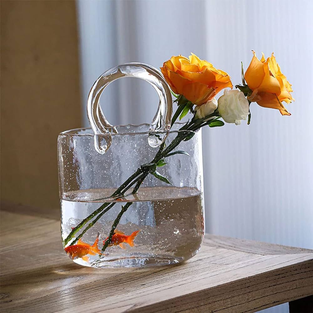 Hewego Clear Glass Purse Vase with Fish Bowl,Glass Purse Vase with Handle and Bubbles Within Flow... | Amazon (US)