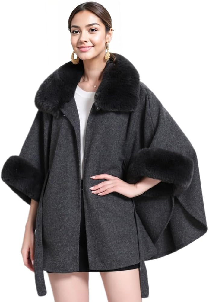 Women Faux Fur Shawl Wrap Poncho Fur Collar Cuffs Cape Cloak Pashmina Faux Fur Trim Coat with Bel... | Amazon (US)