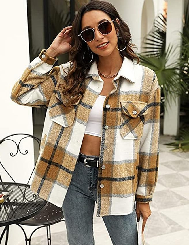 UANEO Womens Casual Plaid Wool Blend Button Down Long Sleeve Shirt Jacket Shackets | Amazon (US)