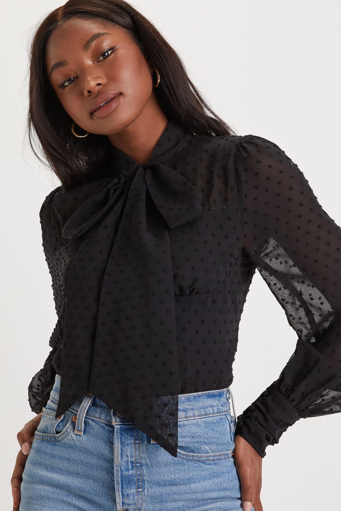 Sophisticated Fashion Black Swiss Dot Tie-Neck Top | Lulus (US)