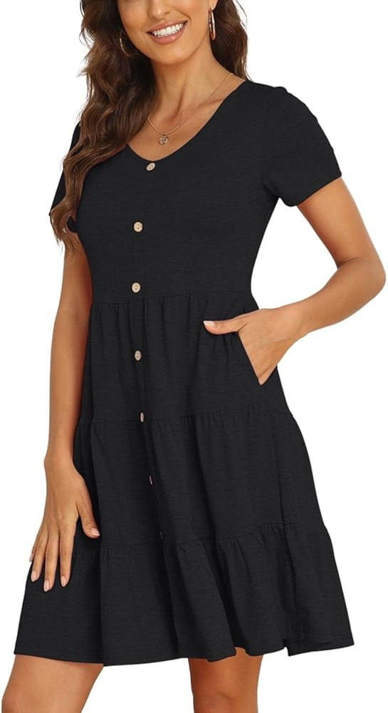 Sexyasasii Women's Summer Short Sleeve V Neck Button Down Casual Pocket Swing Short Dress | Amazon (US)