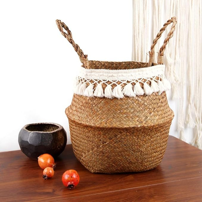 Boho Woven Seagrass Belly Basket for Storage Plant Basket or Toy Basket Living Bathroom (Large, B... | Amazon (US)