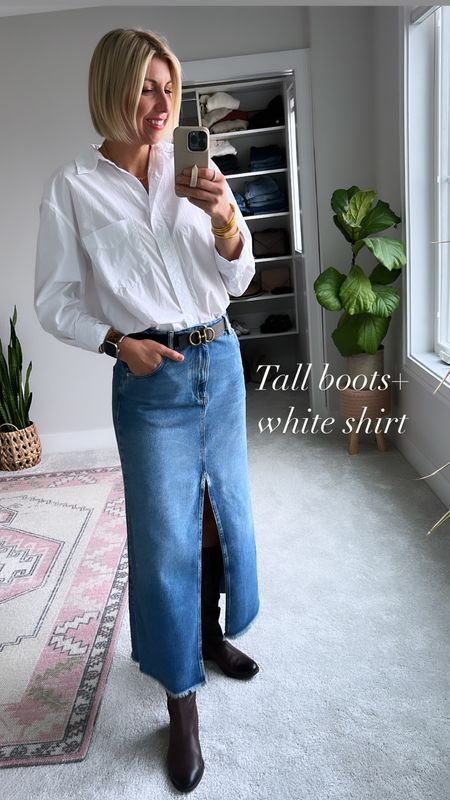 How to style a denim maxi skirt for fall 
tall boots + white shirt 
wearing my tts 6 in denim skirt 
I’m 5’10” for height reference 

#LTKstyletip #LTKover40 #LTKSeasonal