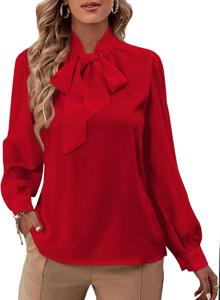 Rooscier Women's Bow Tie Neck Long Sleeve Buttton Cuff Chiffon Elegant Blouse | Amazon (US)