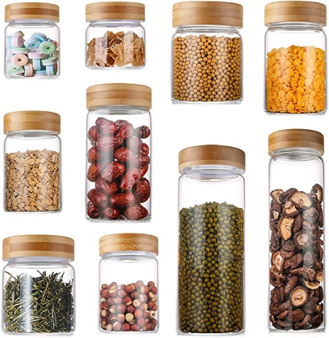Lawei Set of 10 Glass Food Jars with Bamboo Lids - Food Storage Jars Glass Canister Set for Candy... | Amazon (US)