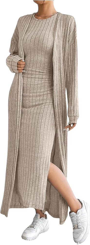 SOLY HUX Women's Casual Ribbed Knit Outfit 2 Piece Bodycon Tank Dress and Long Sleeve Long Cardig... | Amazon (US)