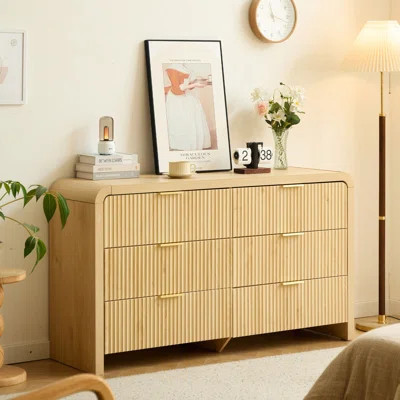 Avalie 55" Boho Curved Fluted 6 Drawer Bedrroom Dresser, Wood Dresser With Gold Metal Handles | Wayfair North America