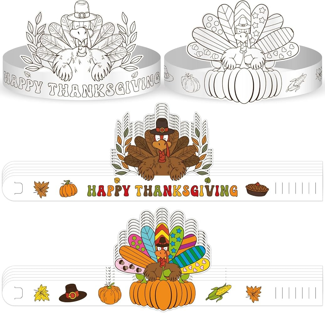 Biswiter Thanksgiving Crafts for Kids, Color Your Thanksgiving Hat, 12 Pcs Turkey Hats For Kids, ... | Amazon (US)