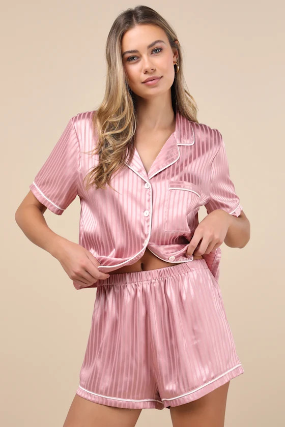 Anyssa Dusty Rose Striped Satin Two-Piece Pajama Set | Lulus
