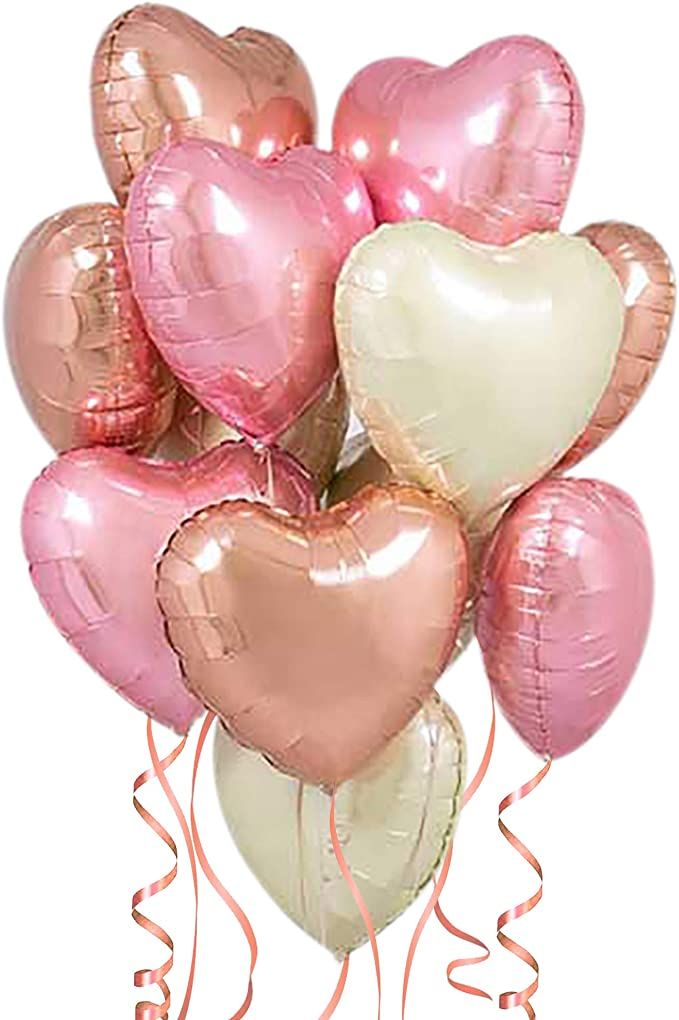 Rose Gold Heart Balloons - Pack of 12 - Foil Heart Shaped Balloons | 18 Inch, Blush Pink, White a... | Amazon (US)