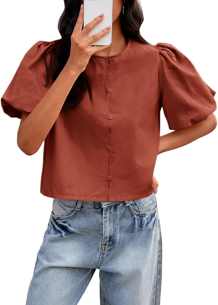 Tankaneo Womens Cropped Tops Puff Sleeve Casual Button Down Shirts Blouse | Amazon (US)
