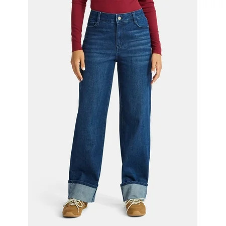 Time and Tru Women's High Rise Straight Jeans with Cuffs, 29" Inseam, Sizes 0-20 | Walmart (US)