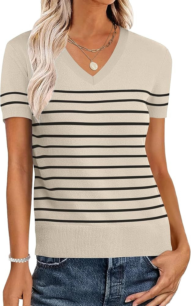 ANRABESS Women Wool Blend Sweater Summer 2025 Short Sleeve V Neck Pullover Top Business Casual Ou... | Amazon (US)