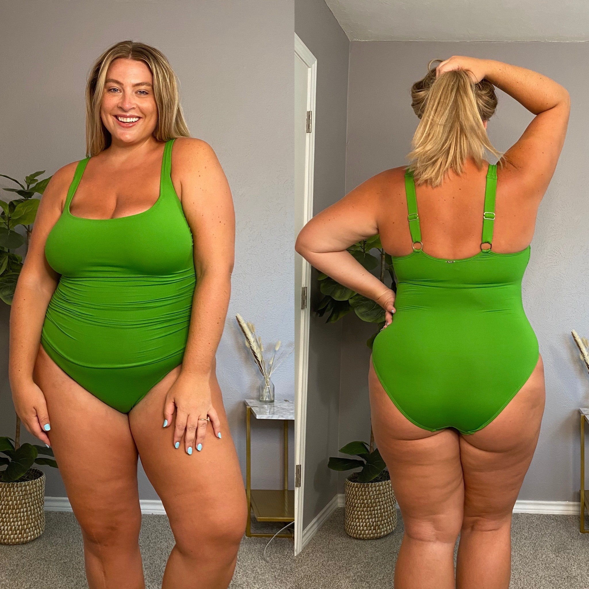 I am obsessed with this green one piece plus size swimsuit from Anne Cole!! It’s got a square neckline which is CHIC. Shirted detailing on the torso. Adjustable status. Pretty full booty coverage. I feel supported in the chest and plenty of coverage. Wearing 16W in this swim  

#LTKcurves #LTKswim