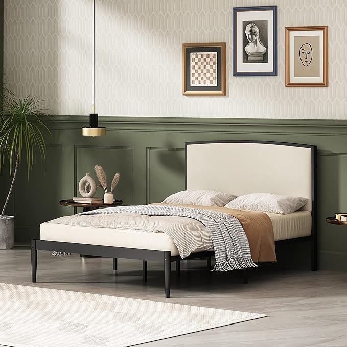 YUHUASHI platform metal bed frame, simple design, linen-covered curved headboard, metal frame and... | Amazon (US)
