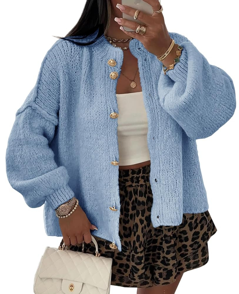 Womens Button Up Chunky Cardigan Sweater 2025 Oversized Lantern Sleeve Cozy Slouchy Coats | Amazon (US)