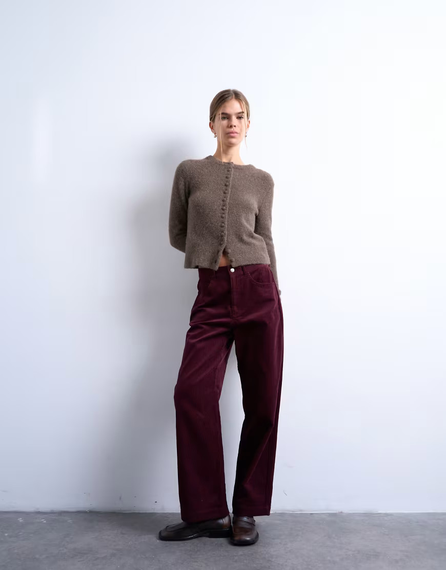 Topshop corduroy slouchy low slung pants in burgundy-Red | ASOS (Global)
