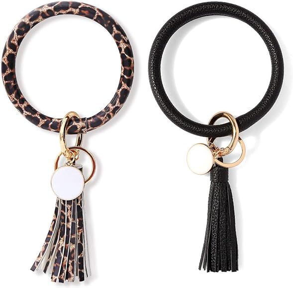 2PCS Wristlet Keychain Bracelet Leather Keyring Bangle Tassel Big Round Key Chain for Women Girls... | Amazon (CA)