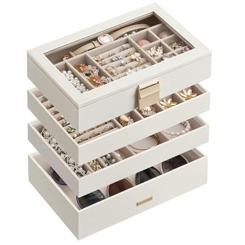 SONGMICS Stackable Jewelry Trays, 4-Tier Jewelry Box, Drawer Jewelry Organizer, with Glass Lid, R... | Amazon (US)