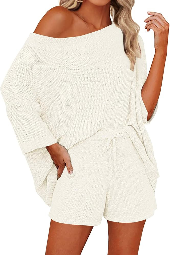 Mafulus Women's 2 Piece Outfits Sweater Sets Off Shoulder Knit Top Shorts Matching Suits Cute Paj... | Amazon (US)