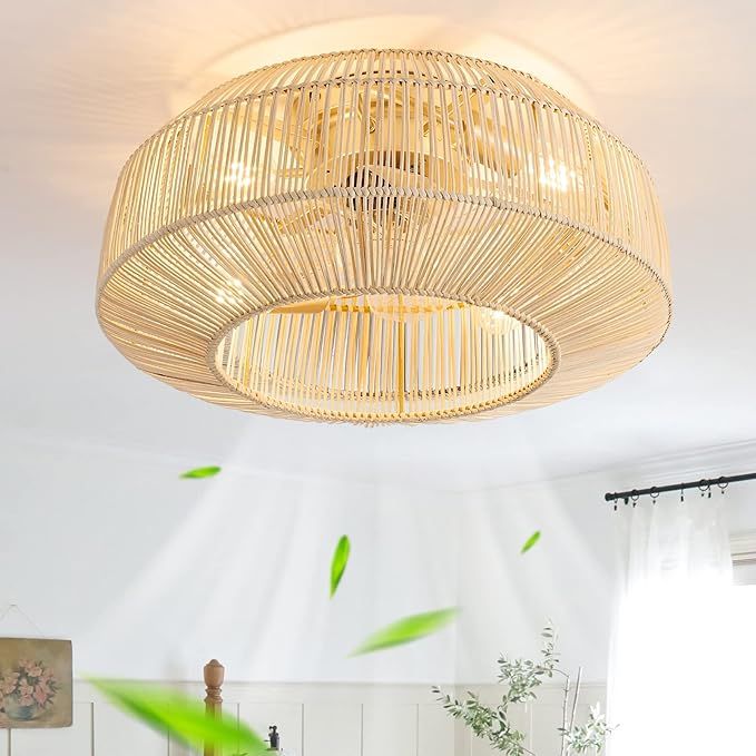 zheshirui 20" Boho Caged Ceiling Fan with Lights Flush Mount, Low Profile Rattan Ceiling Fans wit... | Amazon (US)