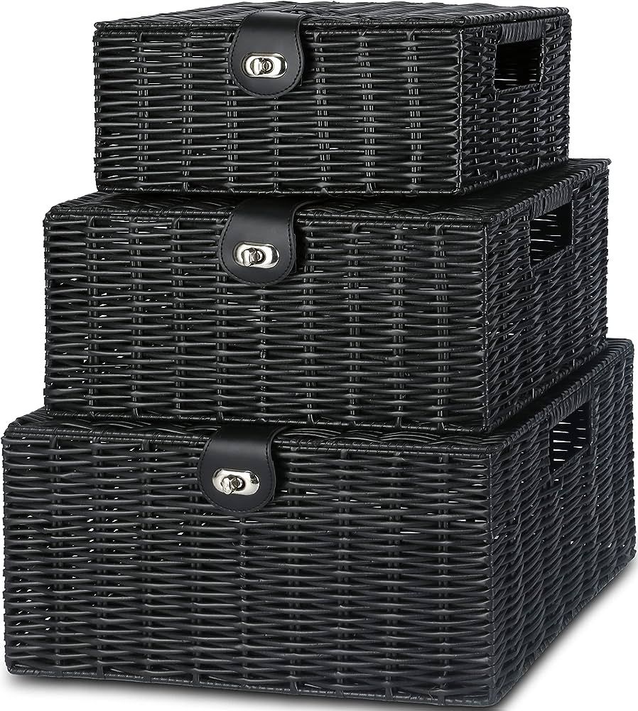 Honygebia Black Wicker Storage Baskets - Set of 3 Decorative Nesting Boxes with Lids, Woven Baske... | Amazon (US)