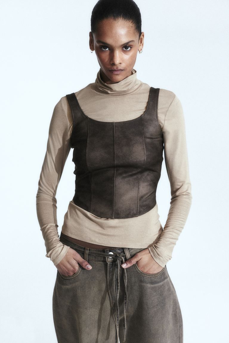 Coated Corset-style Top - Brown/distressed - Ladies | H&M US | H&M (US + CA)