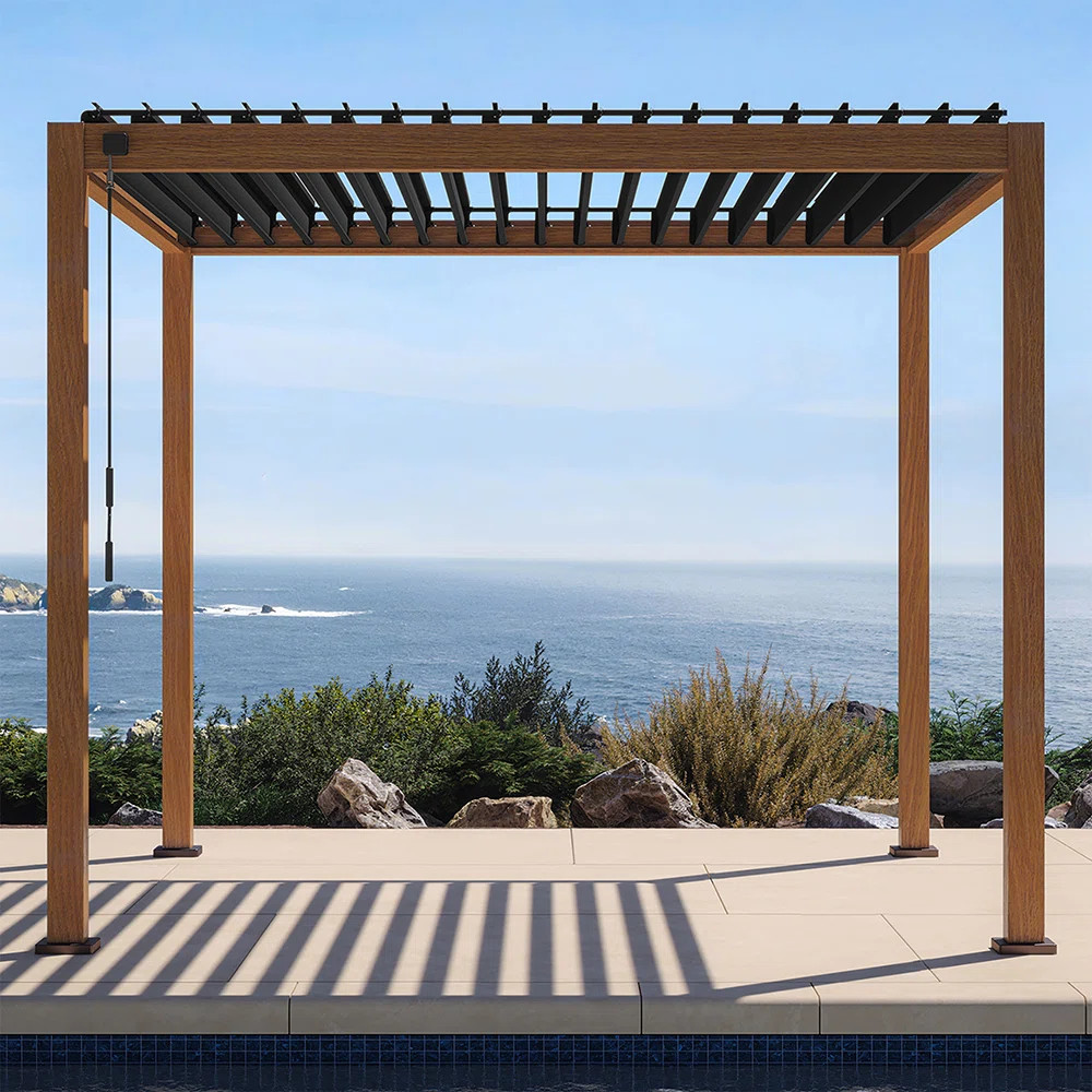 111S Takasho Wood Grain Aluminum Pergola with Adjustable Rainproof Louver | Wayfair North America