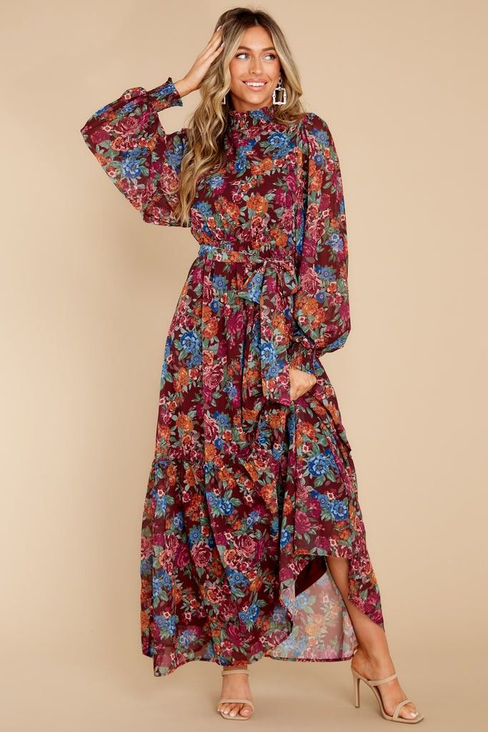 Happy Now Cranberry Floral Print Maxi Dress - Fall Photos - Fall Family Pictures  | Red Dress 