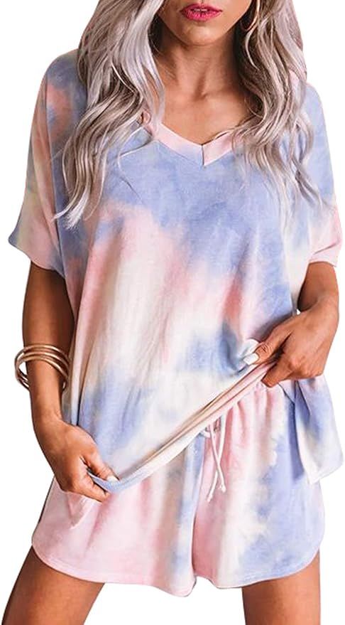 Blibea Womens Tie Dye Printed Tee and Shorts Pajamas Set Short Sleeve Sleepwear Pjs Sets Loungewe... | Amazon (US)