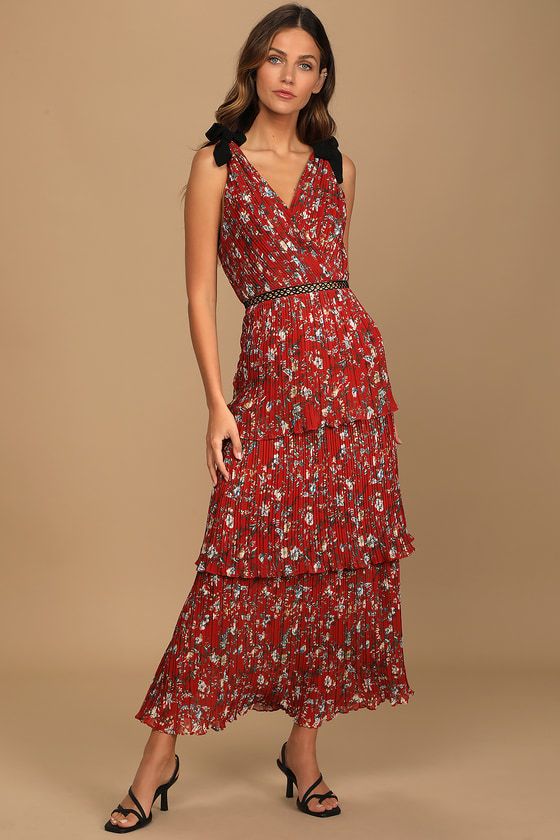 Such Sophistication Rust Red Floral Print Pleated Maxi Dress | Lulus (US)