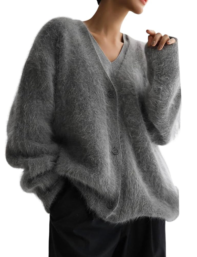 Yimoon Womens Fuzzy Cardigan Sweater V Neck Long Sleeve Button Down Slouchy Furry Knit Sweaters 2... | Amazon (US)