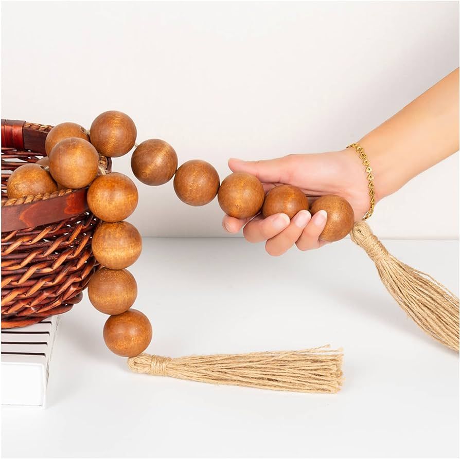 OMISHE Large Wood Bead Garland Brown with 1.6" Diameter Wooden Beads and Tassels, 41" Long Rustic... | Amazon (US)