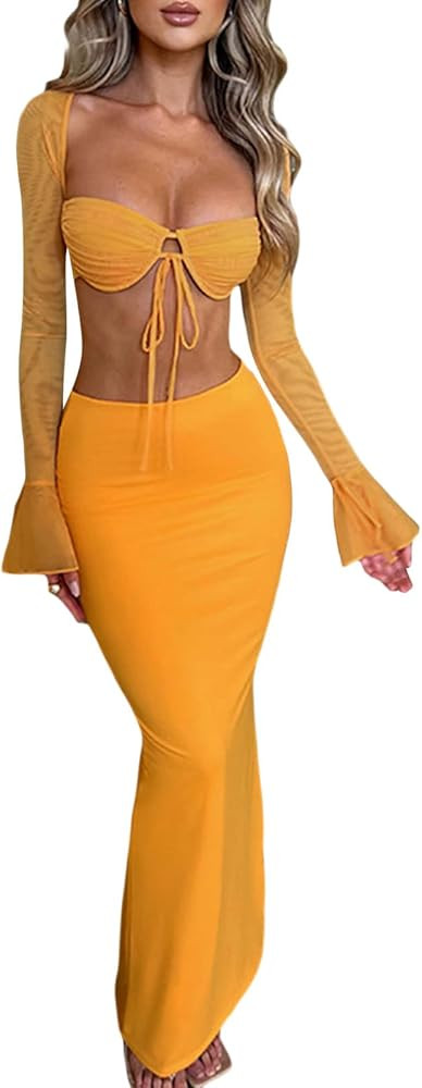 Women Sexy 2 Piece Skirt Set Sleeveless Backless Crop Cami Top Bodyon Midi Skirt Y2k Summer Outfi... | Amazon (US)